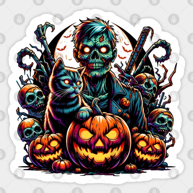 Halloween Zombie and Cat Sticker by HolidayBug